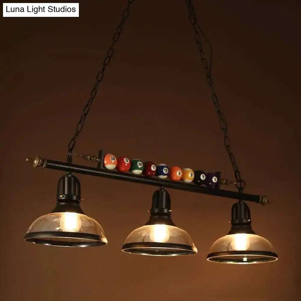 DecorBites™ industrial style black metal billiards island light with bowl shade and colorful billiard balls on chain cord length