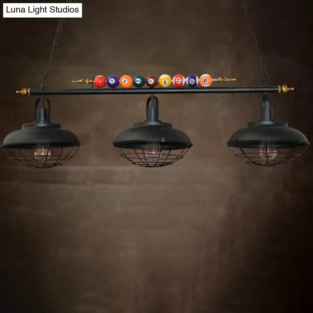 DecorBites industrial metal billiards island light with black finish, chain cord length, bowl shade, and colorful balls