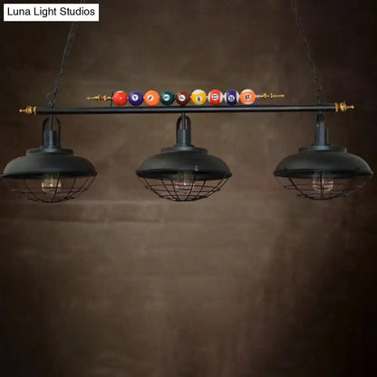 DecorBites industrial metal billiards island light with black finish, chain cord length, bowl shade, and colorful balls
