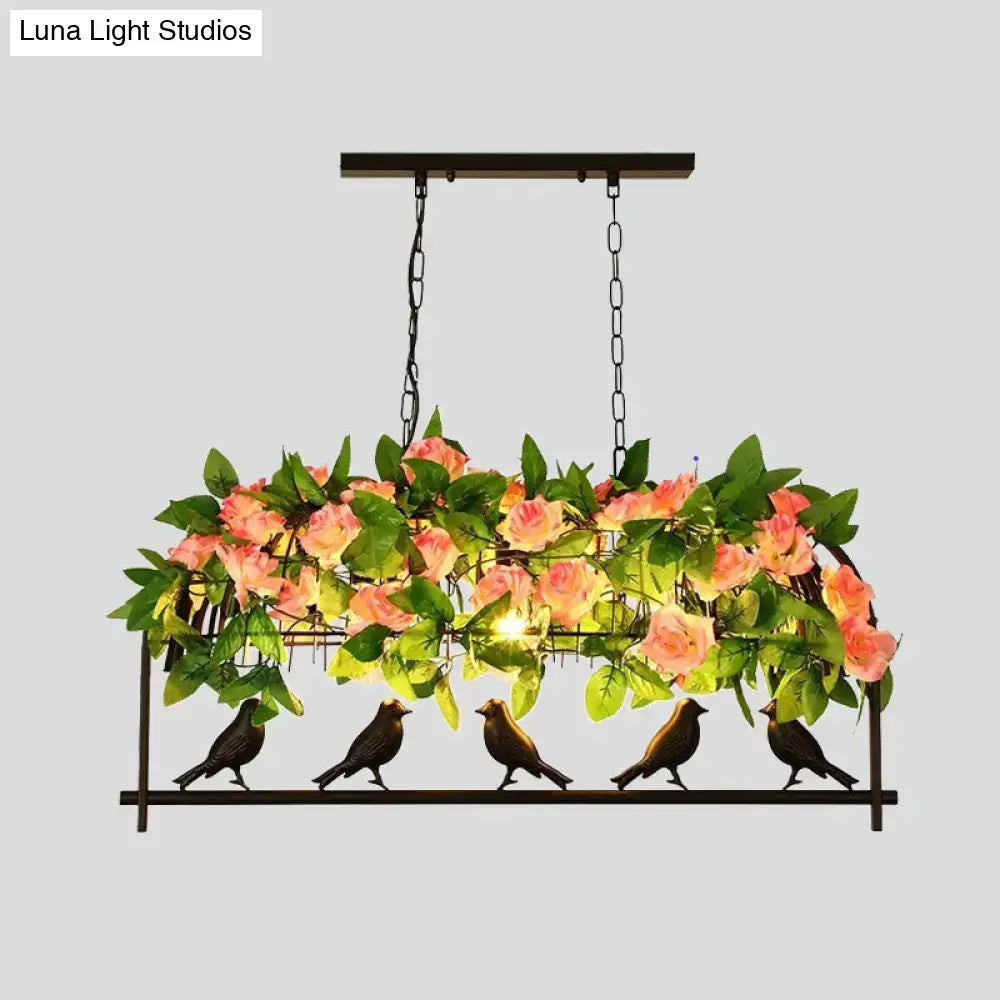 Black metal industrial metal birdcage flower hanging ceiling light with pink roses green leaves and bird silhouettes