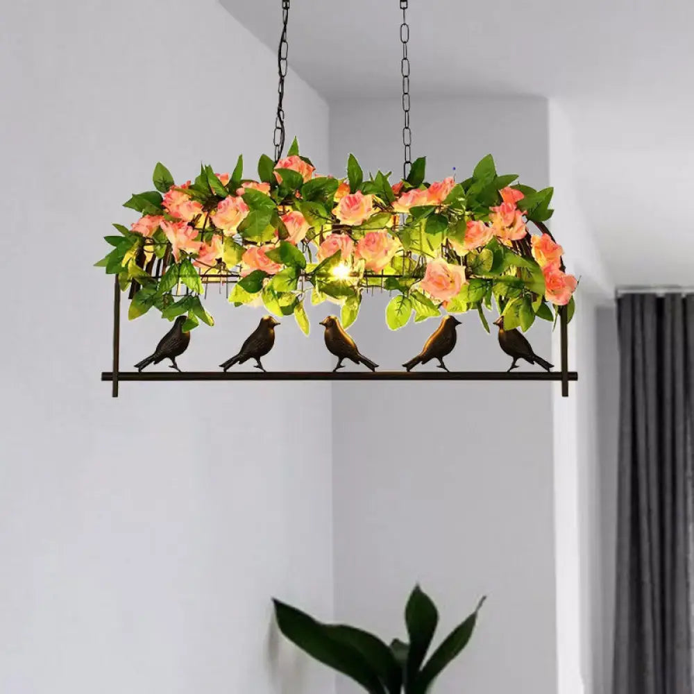 Decorbites industrial metal birdcage flower hanging ceiling light with black frame pink roses and bird figurines