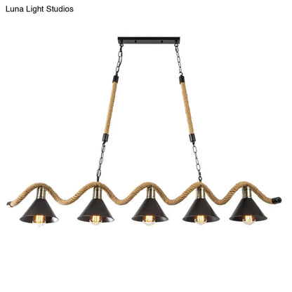 Decorbites industrial metal bistro island lighting featuring black conical hanging light with hemp rope suspension