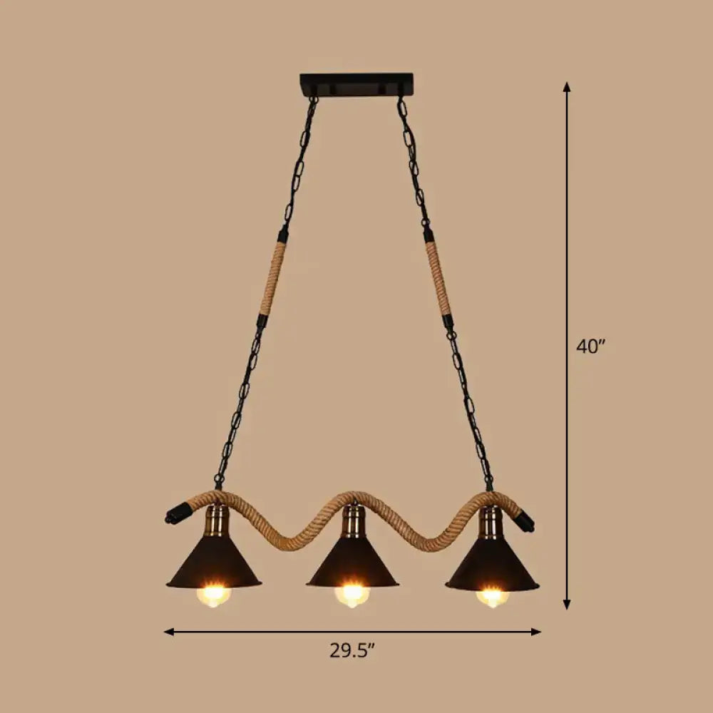 DecorBites industrial metal cone island pendant light with three matte black finish shades and twisted rope detailing