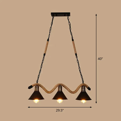 DecorBites industrial metal cone island pendant light with three matte black finish shades and twisted rope detailing
