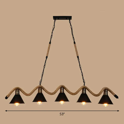 Decorbites industrial metal cone pendant light with five conical shades and twisted rope in matte black finish