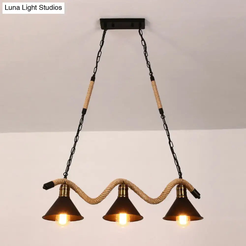Decorbites™ industrial metal cone island pendant light with matte black finish, black metal chains, and rope-wrapped sections
