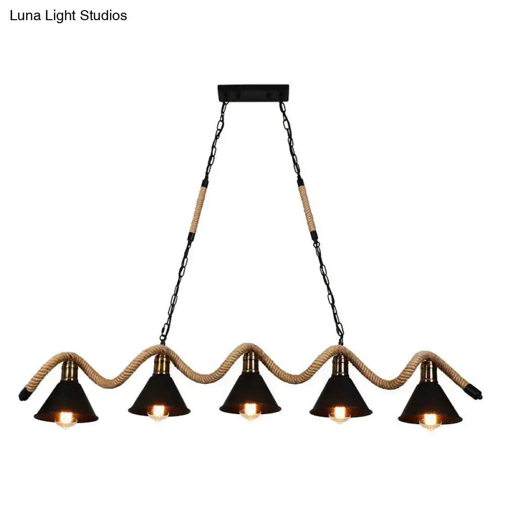 DecorBites™ industrial metal cone island pendant light with five matte black finish shades suspended by twisted rope and chain