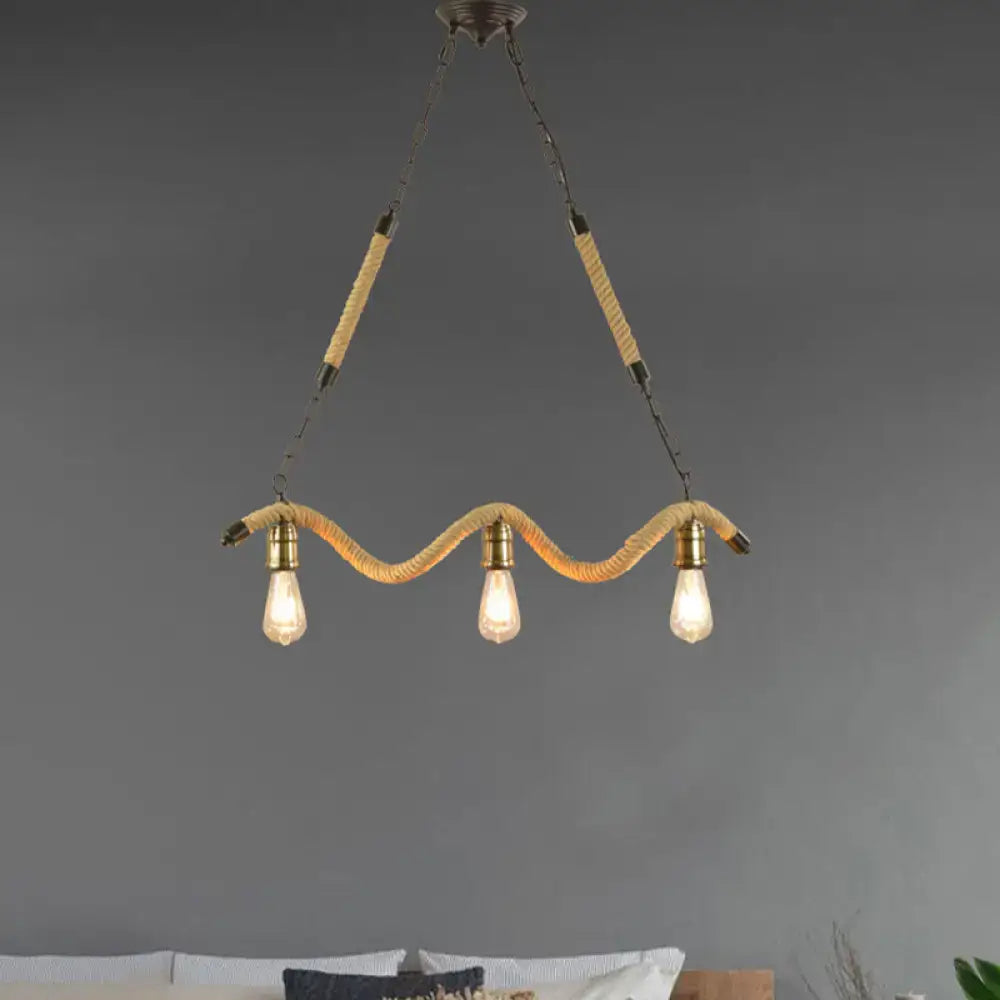 DecorBites industrial metal island pendant light with beige rope body brass fixtures and exposed bulbs 220v-240v 3 lights
