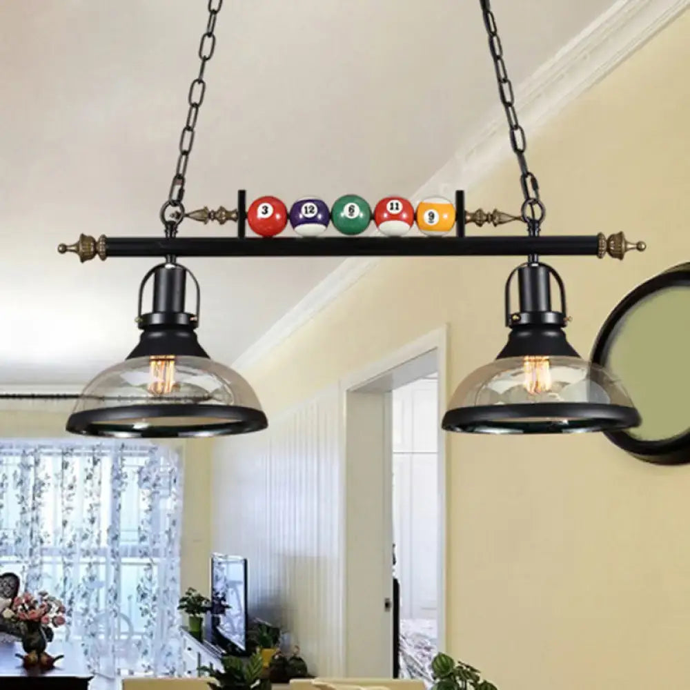 Decorbites™ black metal industrial metal island pendant light fixture with glass domes and decorative billiard balls for interior spaces