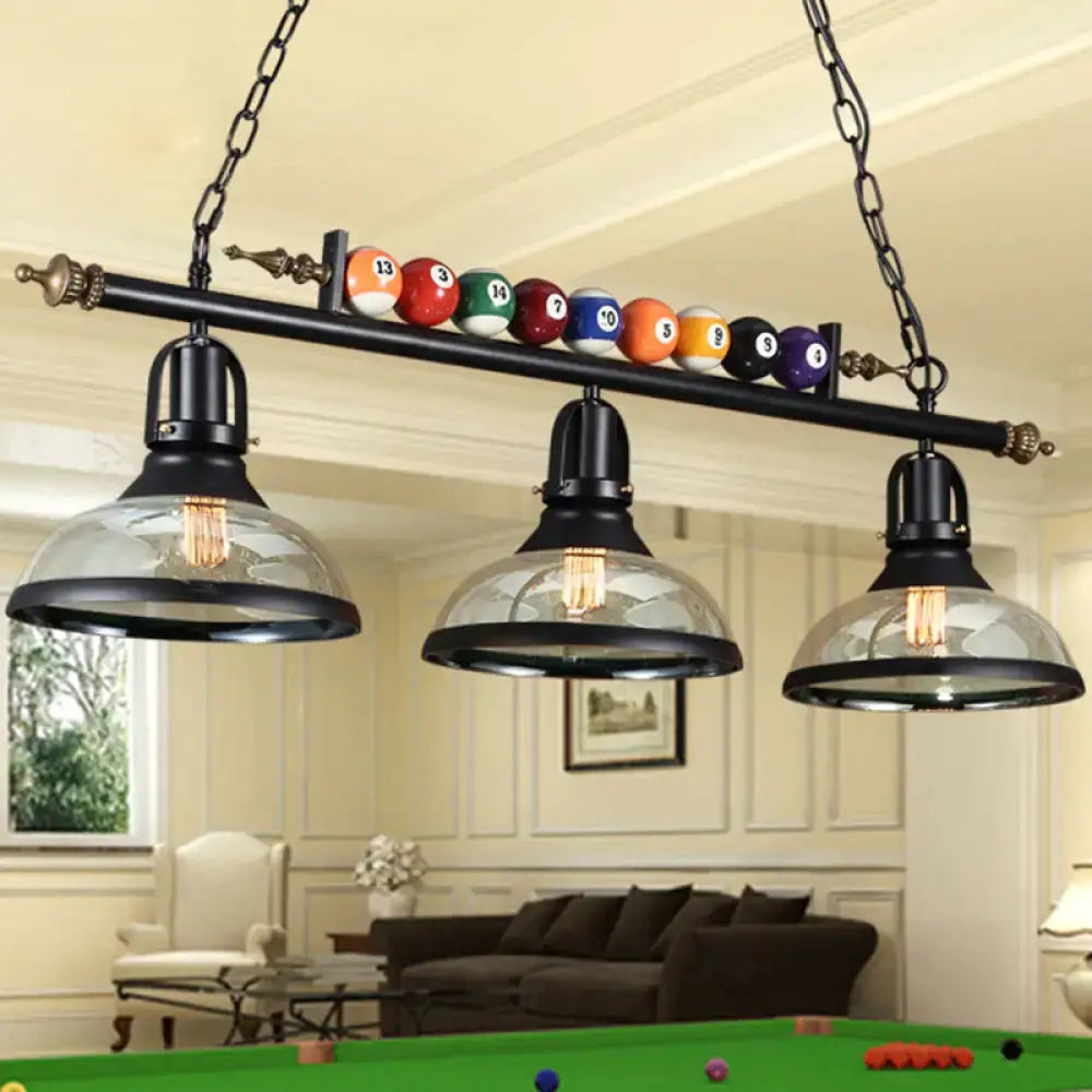 Decorbites™ industrial metal island pendant light fixture with black metal and glass shades featuring colorful billiard balls for interior spaces