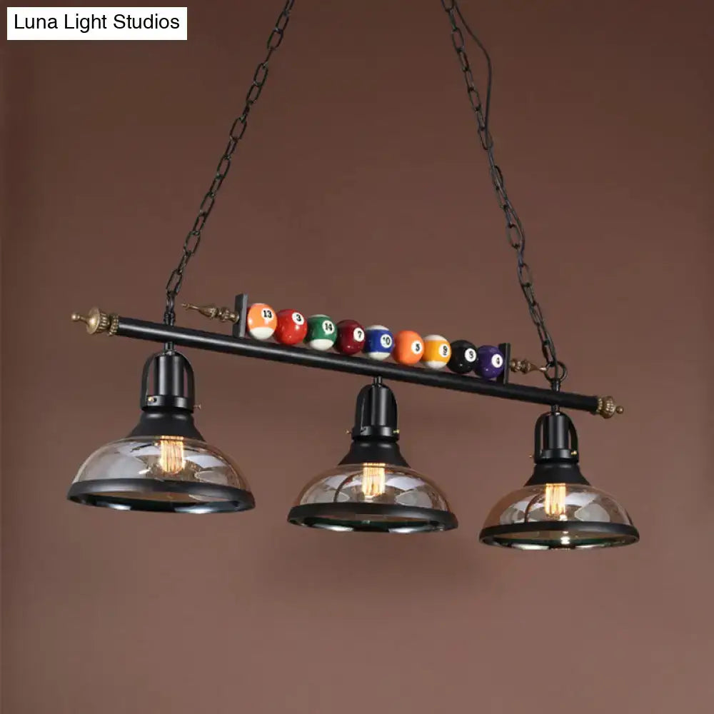 Decorbites™ industrial metal island pendant light fixture with black metal frame, glass domes, and colorful billiard balls for interior spaces