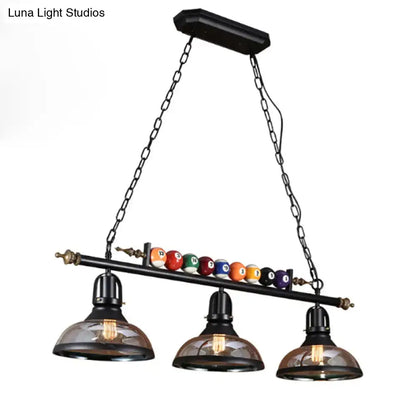 Decorbites™ industrial metal island pendant light fixture with black metal frame amber glass shades and colorful billiard decoration