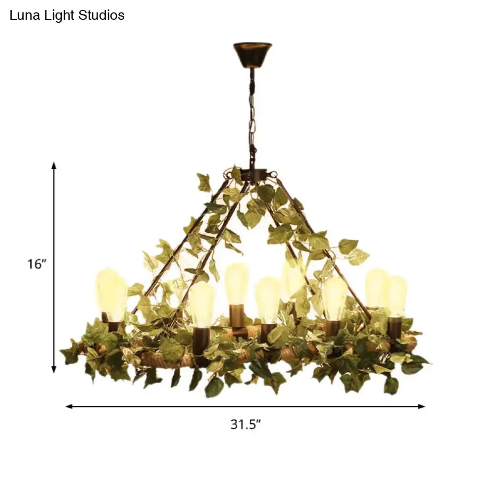 DecorBites industrial metal led pendant light with 16-inch dark frame green ivy and eight warm led bulbs for restaurants