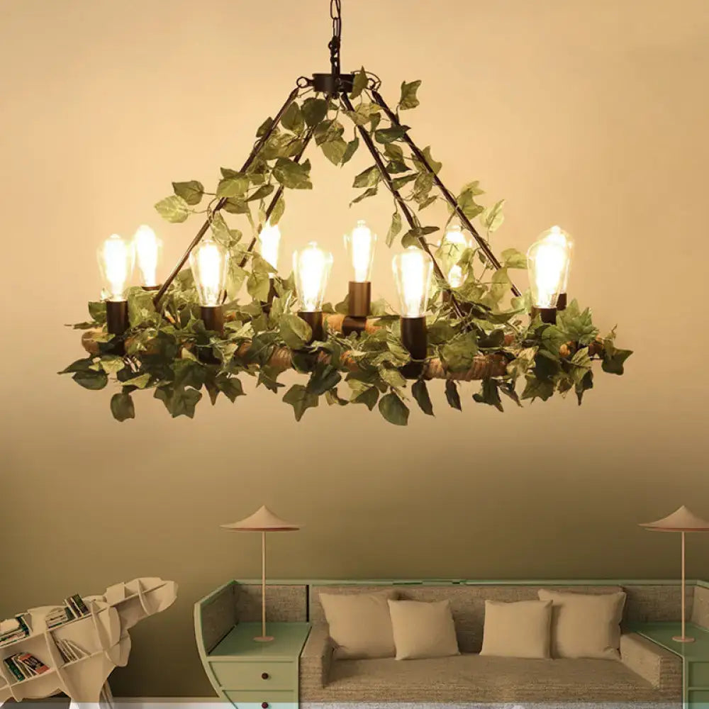 DecorBites™ industrial metal led pendant light with 10 bulbs green ivy and exposed filament bulbs pink green finish