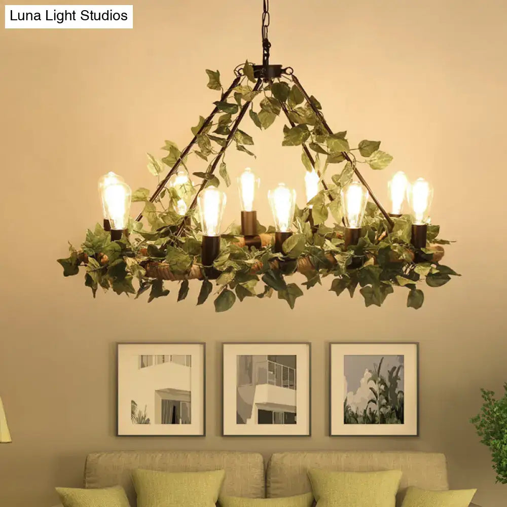 DecorBites industrial metal led pendant light with dark bronze finish, ivy decor, and 10 exposed filament bulbs for restaurants