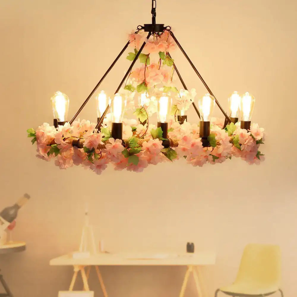 Decorbites industrial metal led pendant light with 10 bulbs in pink floral design and black metal arms for restaurants