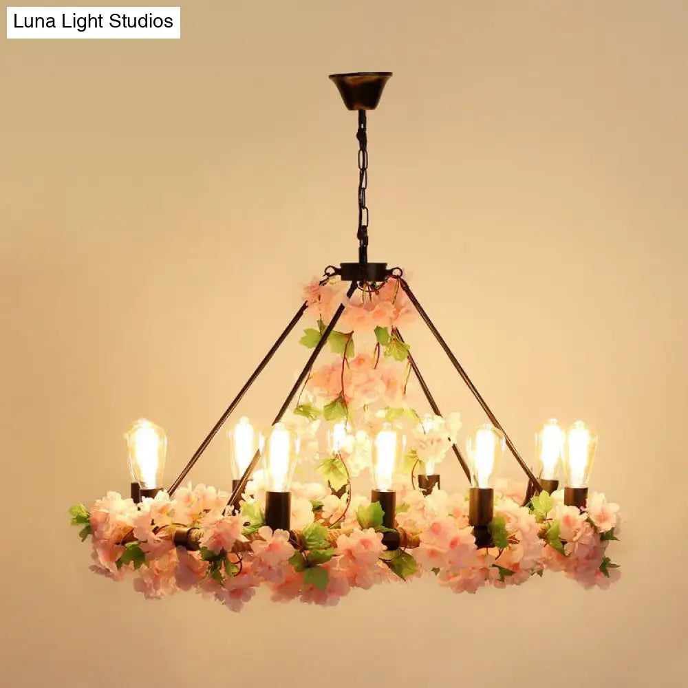 DecorBites™ industrial metal led pendant light with 10 bulbs pink floral design and vintage exposed bulbs for restaurants