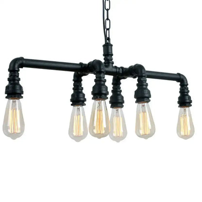 Black DecorBites™ industrial metal pipe pendant with five exposed filament bulbs for dining room lighting