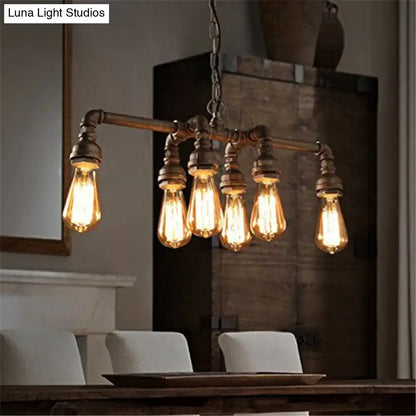 DecorBites industrial metal pipe pendant with six glowing led incandescent filament bulbs for dining room lighting