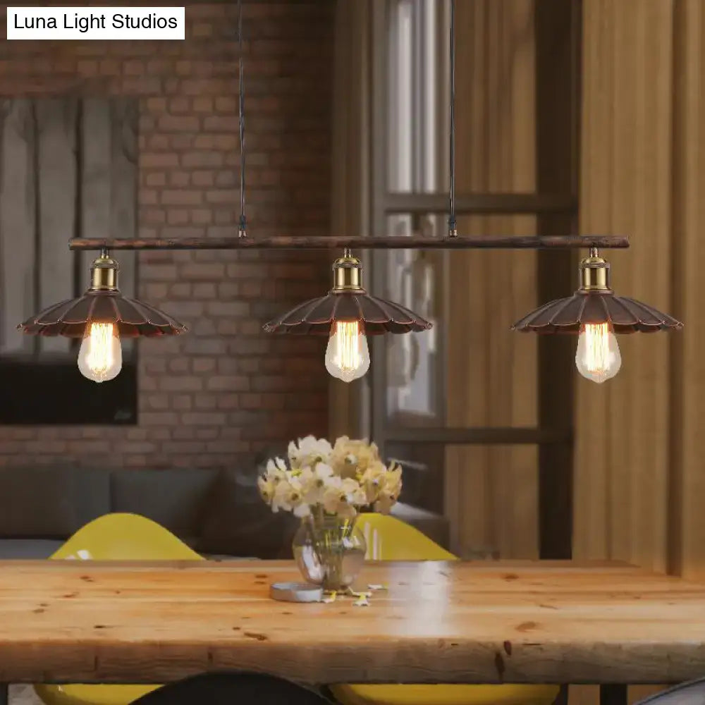 Decorbites industrial rust scalloped suspended lighting fixture with dark brown wood bar and brass fluted lampshades