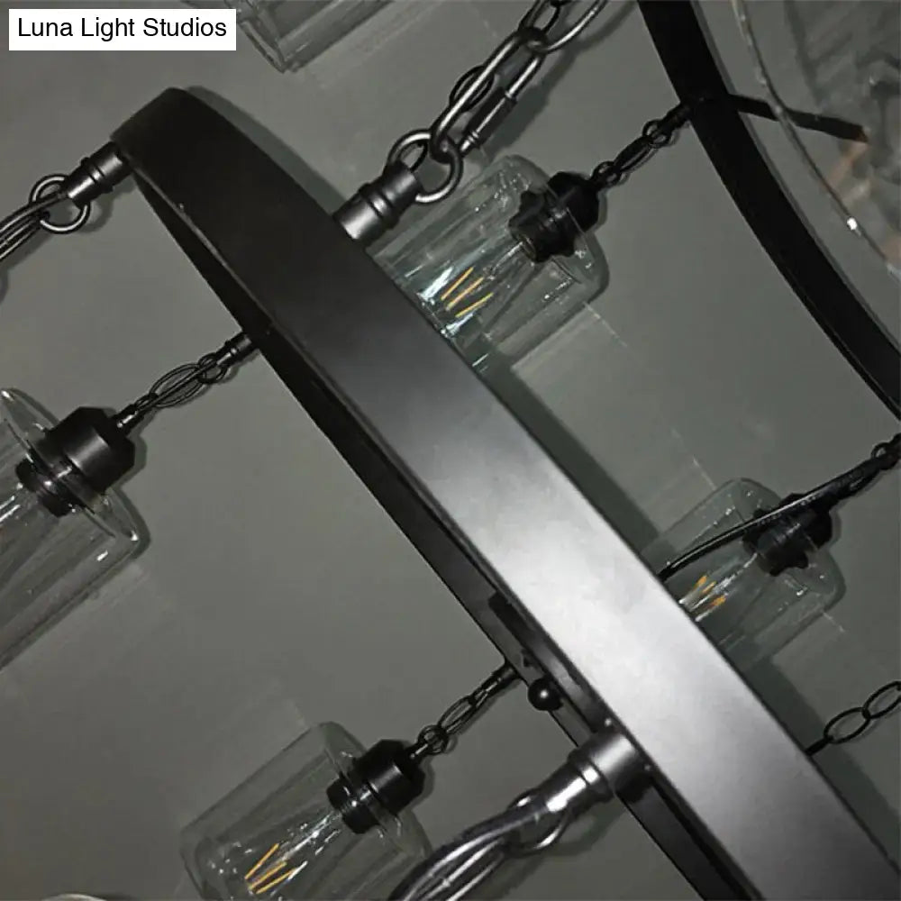 DecorBites™ industrial pendant chandelier with matte black frame, clear glass shades, and exposed filament bulbs