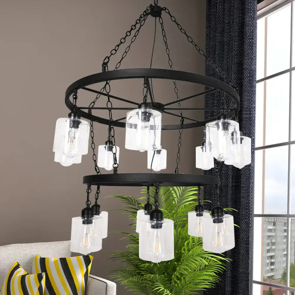 Decorbites™ industrial pendant chandelier with black metal frame, clear glass cylinder shades, and exposed bulbs in 2-tier design