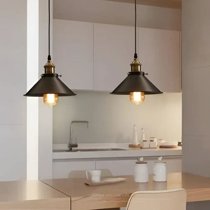 DecorBites™ industrial pendant lighting with black metal shades brass accents and exposed filament bulbs pendant light