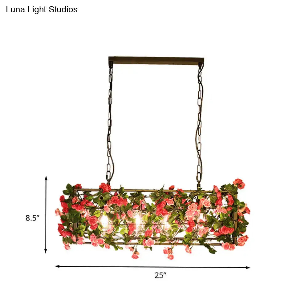 DecorBites industrial rectangular brass pendant light with rustic metal construction, pink roses, and fixture height ideal for bedroom
