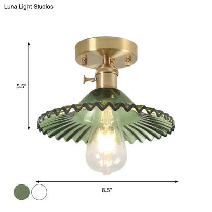 Decorbites industrial scalloped ribbed glass one-light ceiling light in green with brass fixture and exposed bulb
