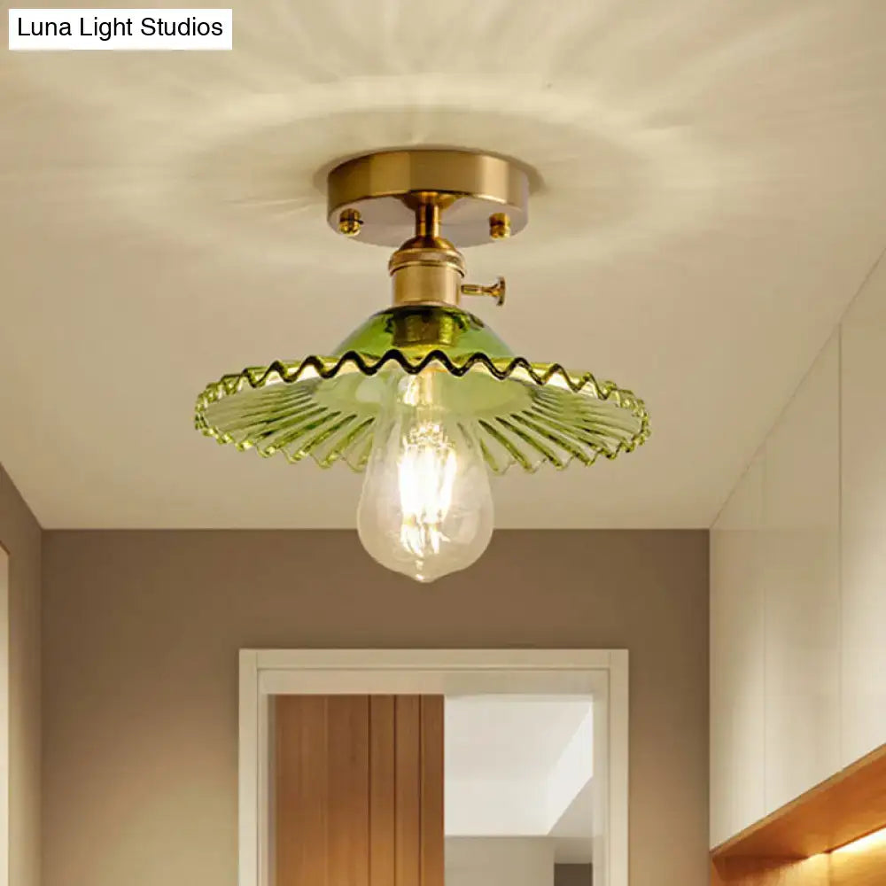DecorBites™ industrial scalloped ribbed glass one-light ceiling light with green ribbed glass and brass fixture