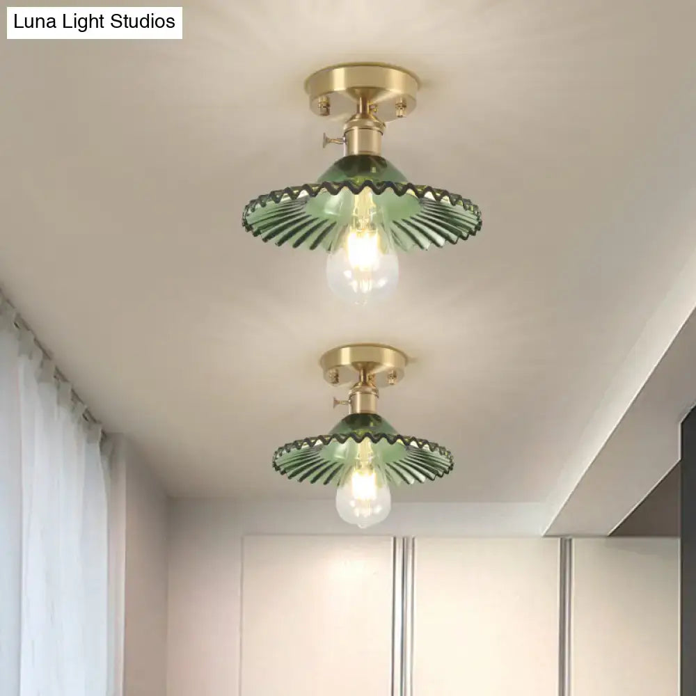 DecorBites™ industrial scalloped ribbed glass one-light ceiling light with clear green ribbed glass and brass finish