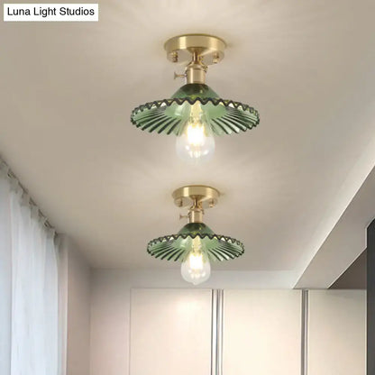 DecorBites™ industrial scalloped ribbed glass one-light ceiling light with clear green ribbed glass and brass finish