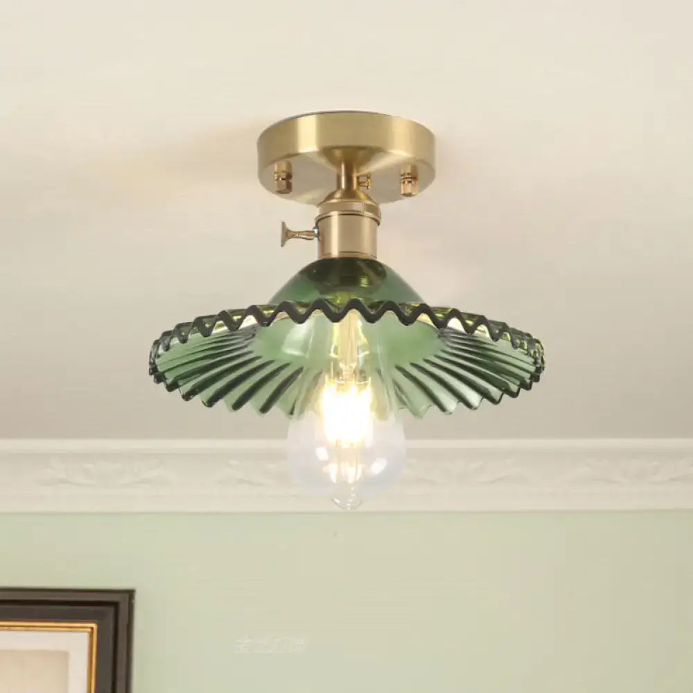 Green ribbed glass one-light ceiling light with scalloped ribbed glass and brass fixture by decorbites industrial