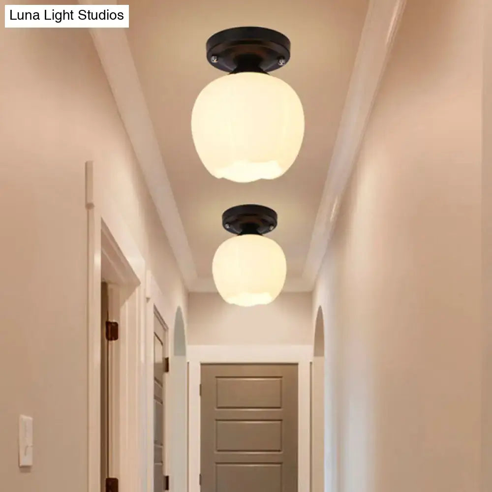 Decorbites industrial semi flush light with black metal fixtures and two round black opal glass globe shades for corridor lighting
