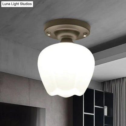DecorBites™ industrial semi flush light with frosted white opal glass and matte bronze base for corridor lighting