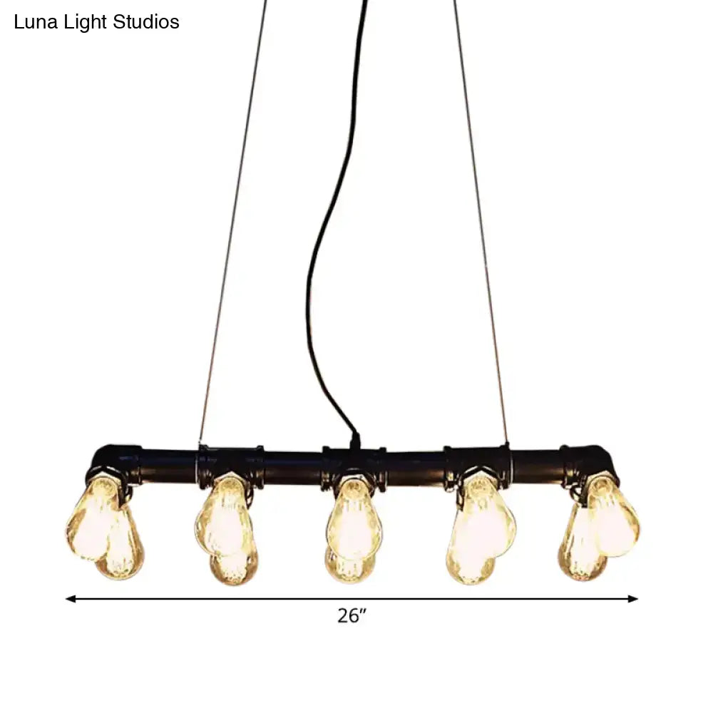 Industrial style black iron pendant lamp with linear piping and five exposed edison bulbs for island lighting