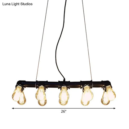 Industrial style black iron pendant lamp with linear piping and five exposed edison bulbs for island lighting
