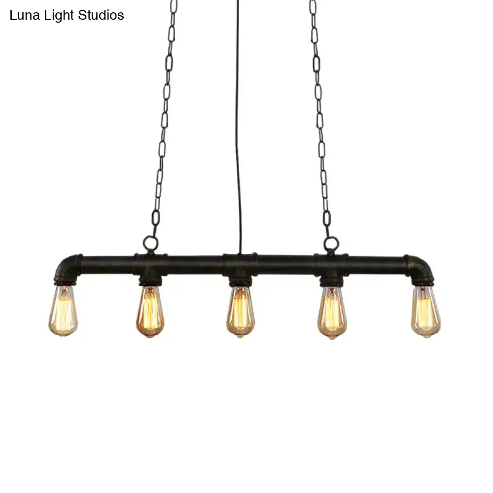 Decorbites industrial style black pendant lamp with iron piping and five exposed filament bulbs for island lighting