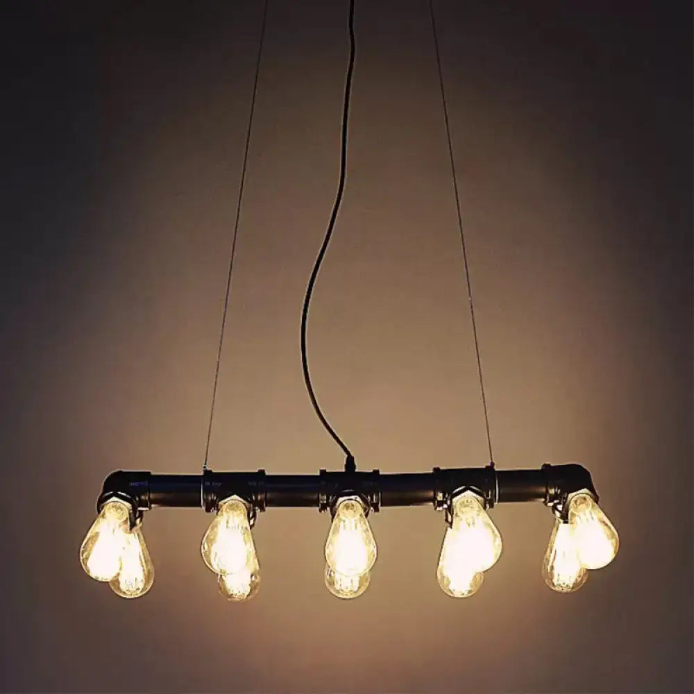 Decorbites™ industrial style black iron pendant lamp with linear piping and five glowing filament bulbs for island lighting