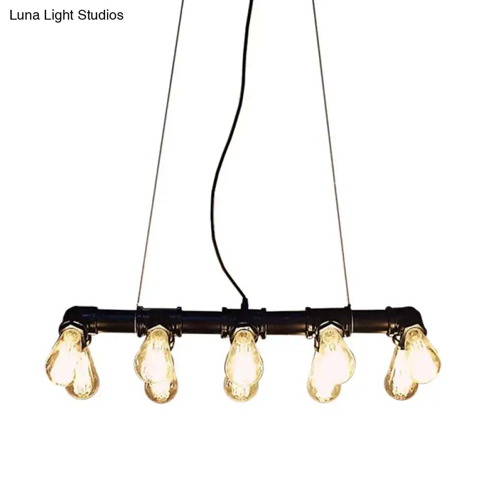 Decorbites industrial style black iron pendant lamp with five exposed filament bulbs in linear piping design
