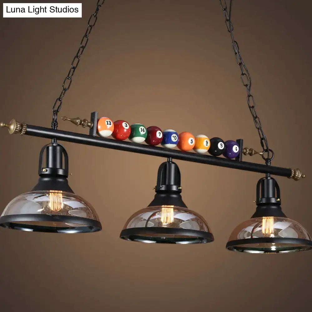 DecorBites™ industrial style black metal billiard light pendant with three glass domes and colorful balls chain cord length