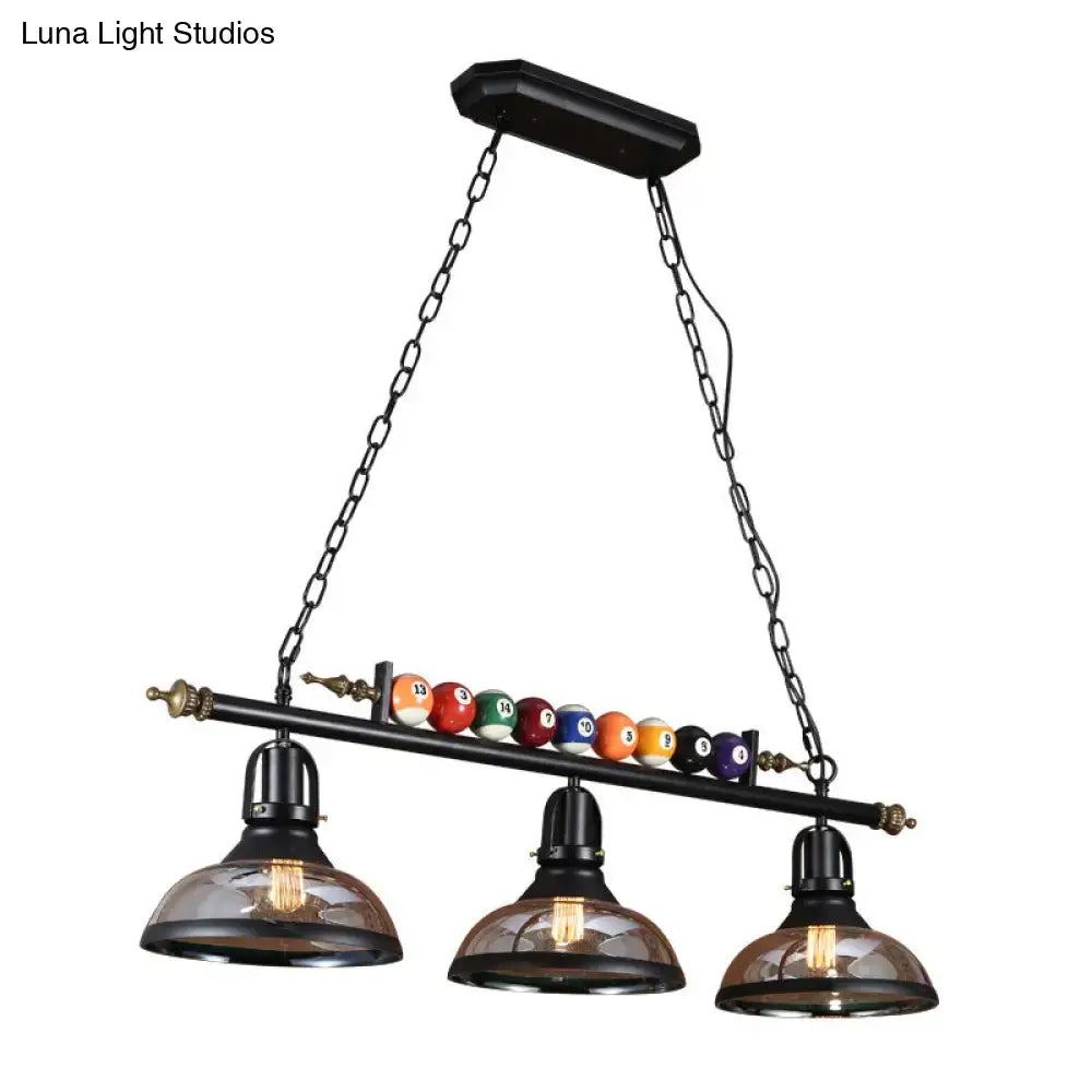 DecorBites™ industrial style black metal billiard light pendant with three amber glass shades and colorful balls in chain cord length