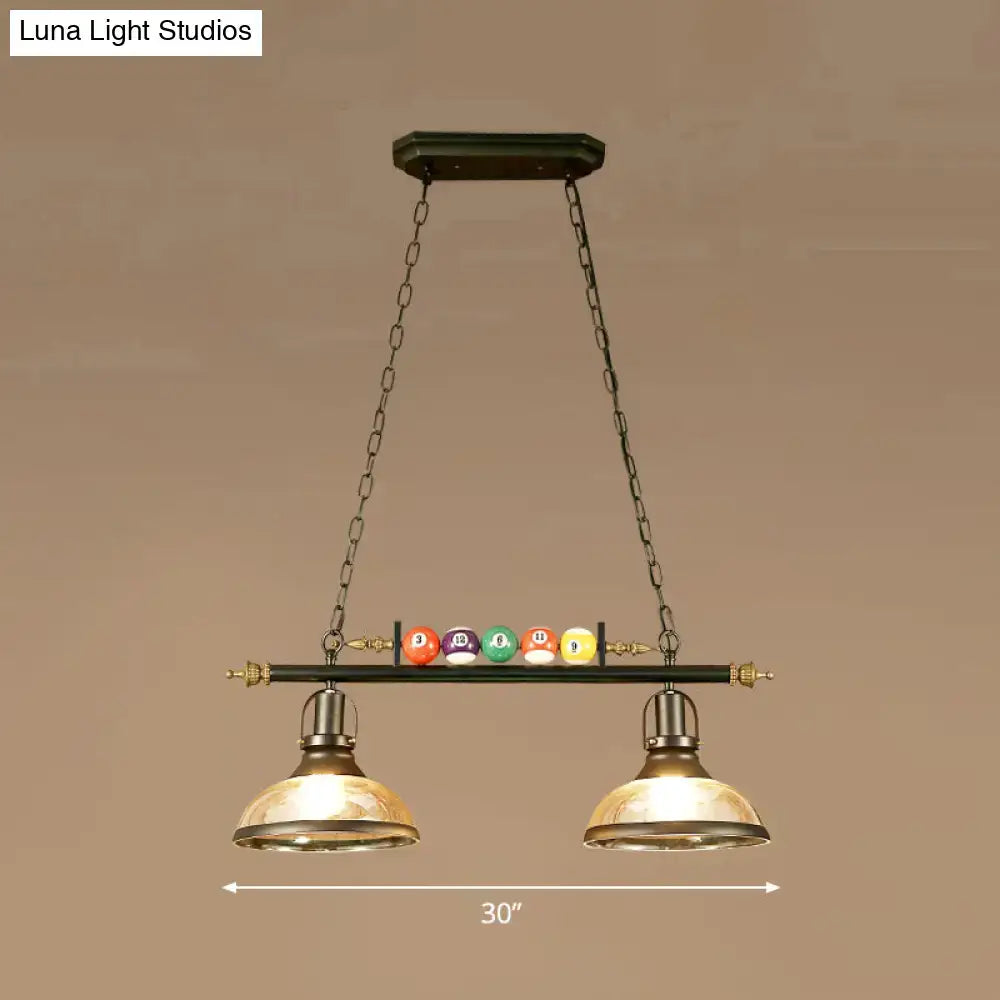 Decorbites™ industrial style black metal billiard light pendant with brass finish, chain cord length, and colorful billiard balls