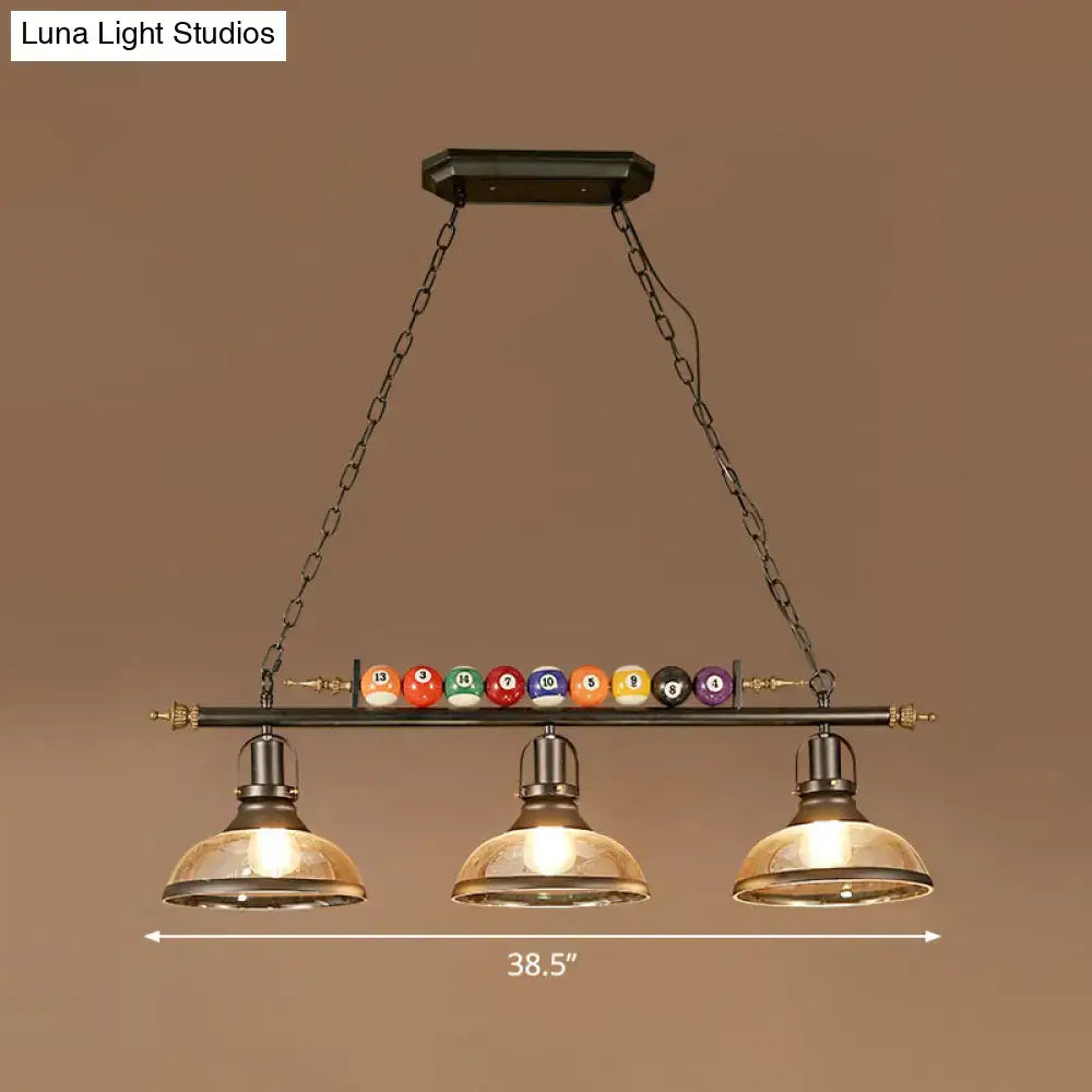 DecorBites™ industrial style billiard light pendant with dark metal frame brass accents and chain cord length for restaurants