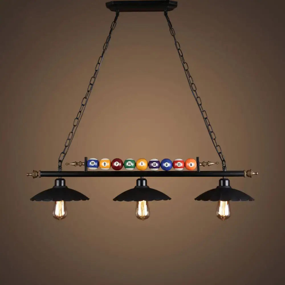 DecorBites™ industrial style black metal billiard light pendant with chain cord length and colorful billiard balls display
