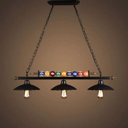 DecorBites™ industrial style black metal billiard light pendant with chain cord length and colorful billiard balls display