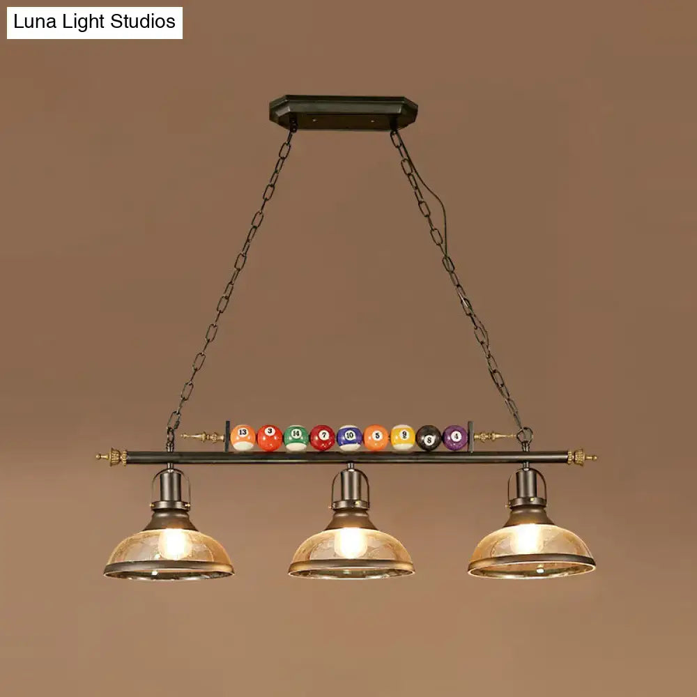 Decorbites™ industrial style billiard light pendant with black metal frame brass accents and chain cord length for restaurant island