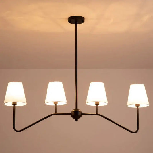 Modern black metal industrial style chandelier by decorbites with four white fabric shades for living room lighting