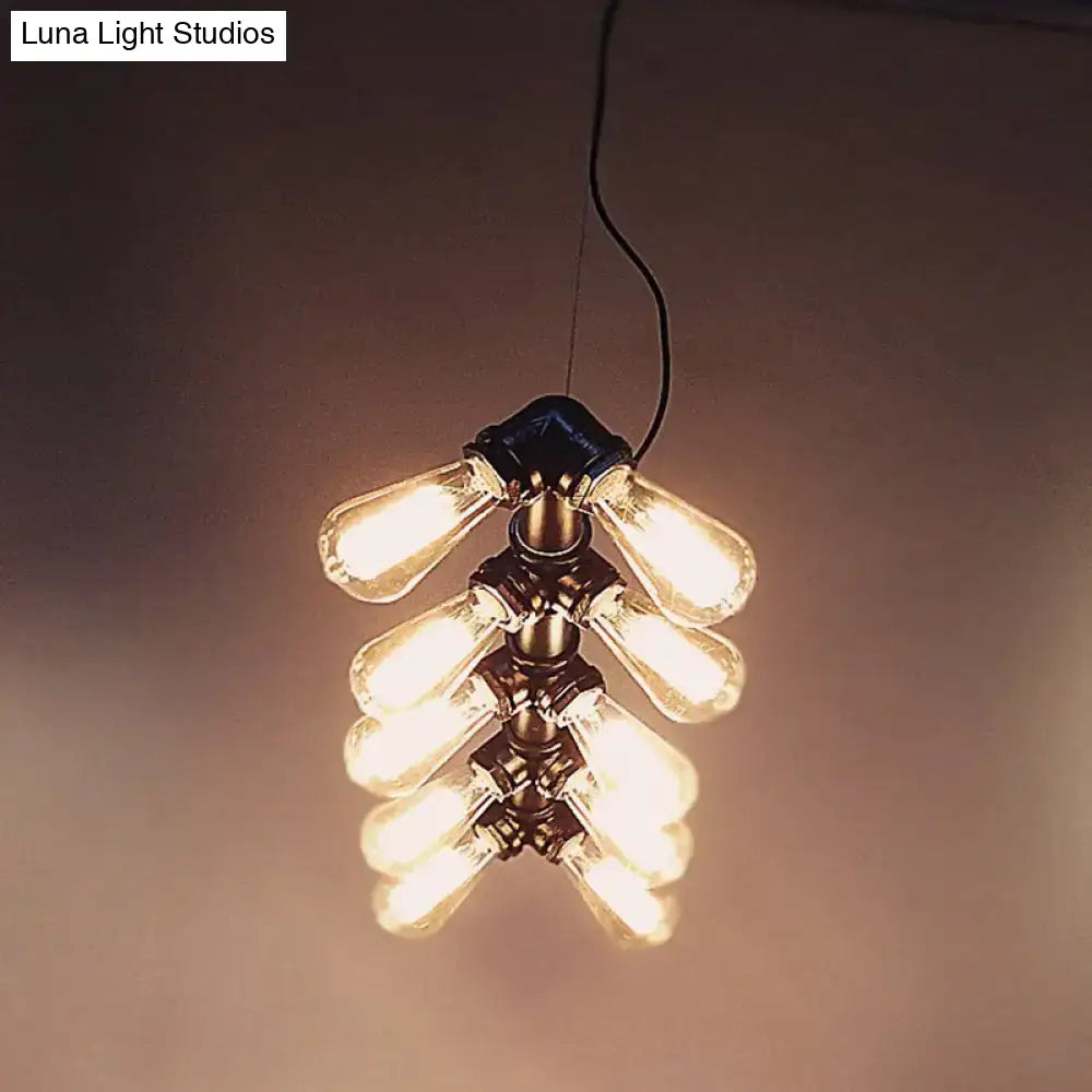 DecorBites™ industrial style ceiling light features black metal piping and brass pendant light fixture with Edison bulbs