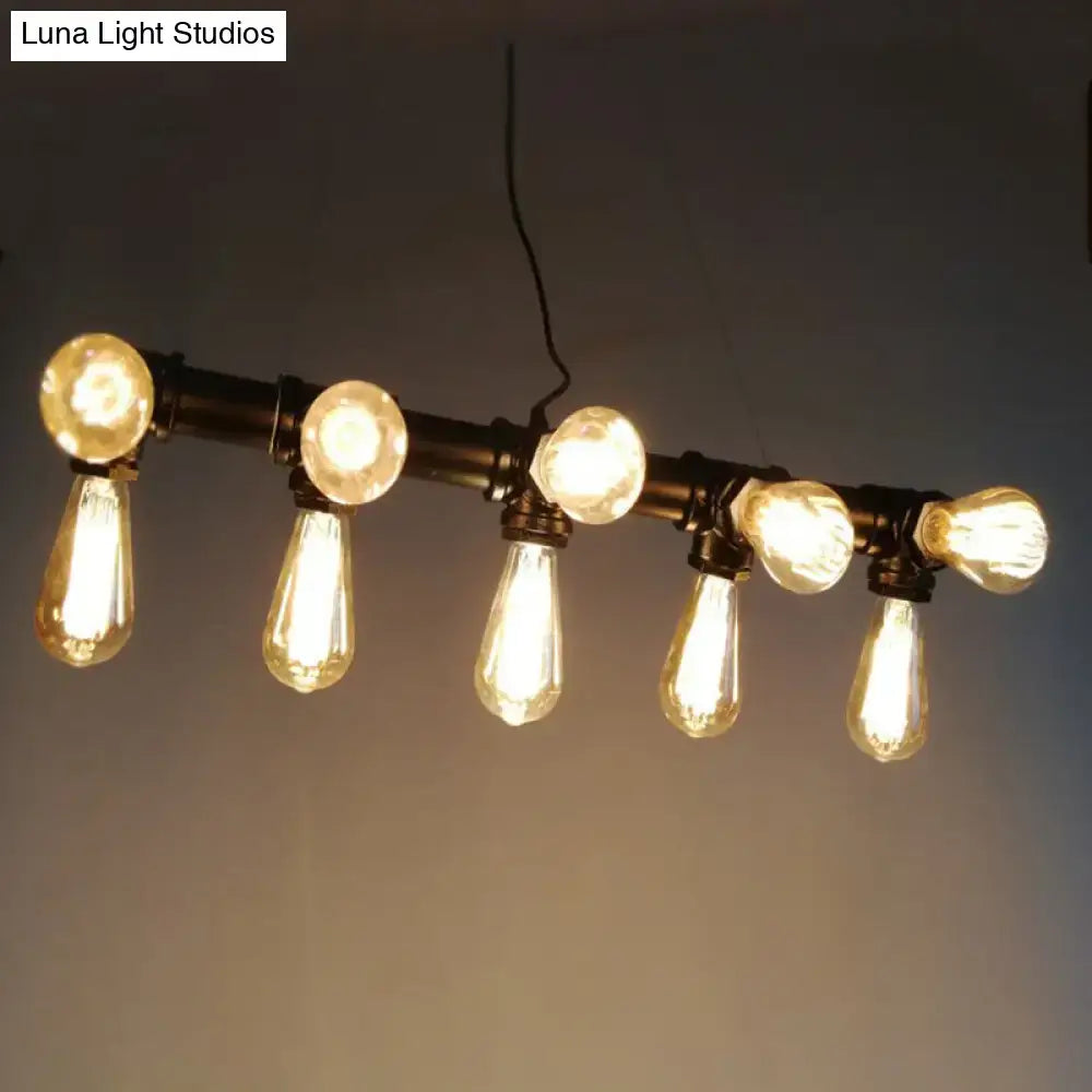 DecorBites industrial style black metal piping ceiling light fixture with five glowing Edison bulbs for dining rooms